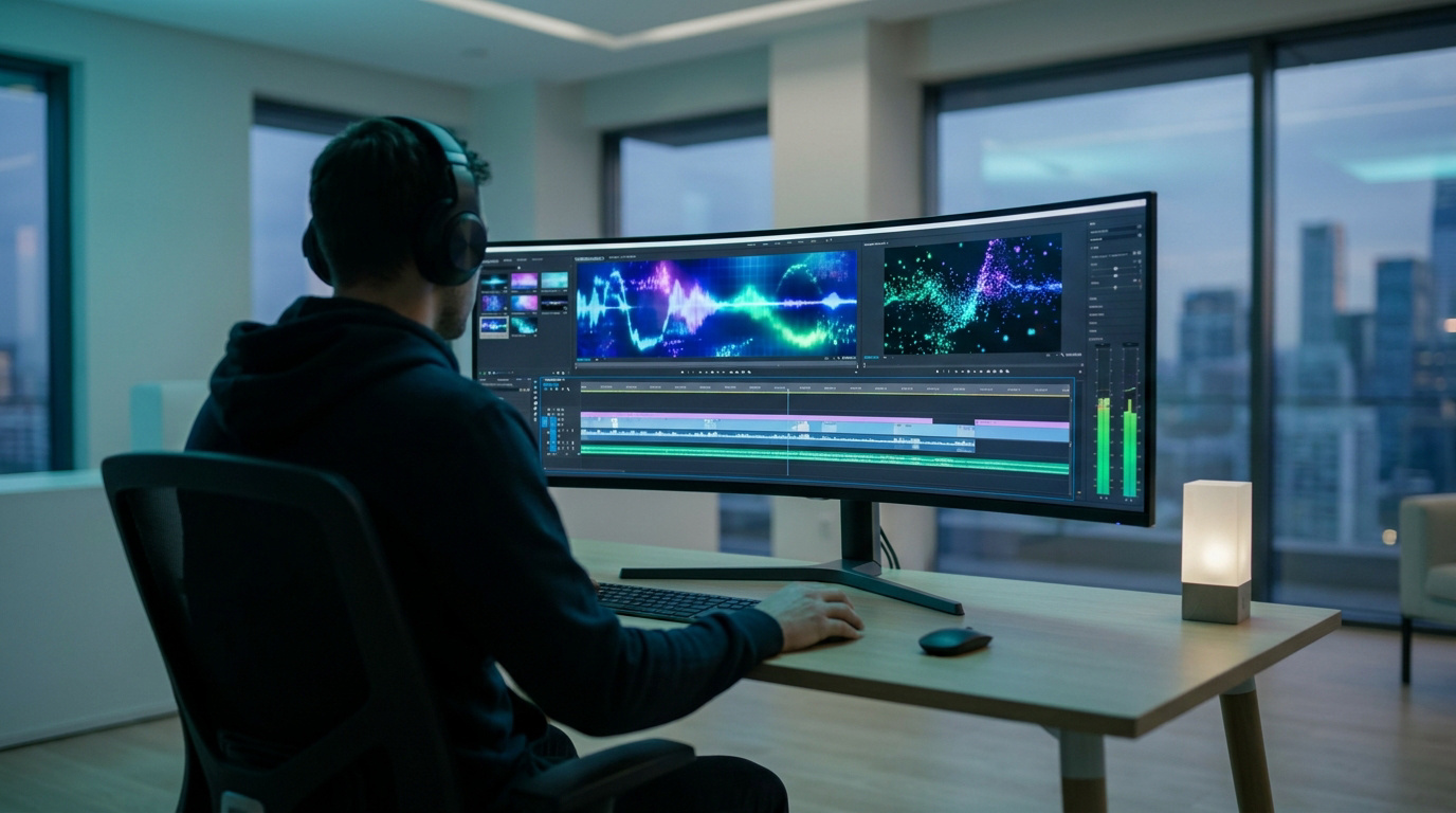 Un monteur vidéo travaille sur un écran incurvé ultra-large affichant un logiciel de montage complexe.