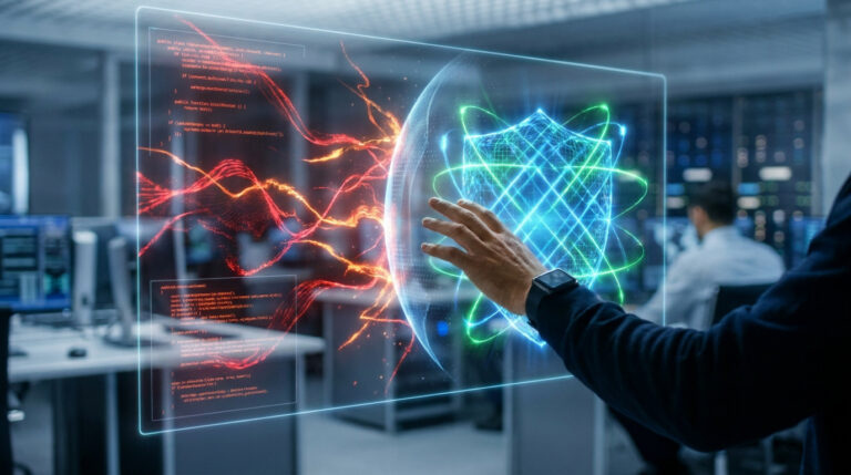 Une main interagit avec une interface holographique représentant un bouclier numérique bloquant des menaces informatiques.