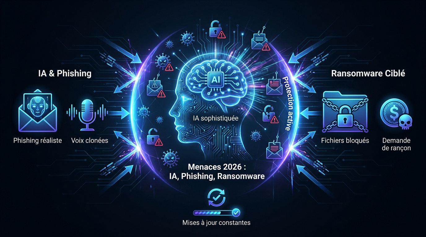 Représentation des cybermenaces en 2026 incluant l'IA et les ransomwares