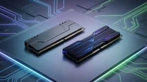 Deux barrettes de mémoire vive RAM posées sur un fond technologique stylisé avec des circuits imprimés.