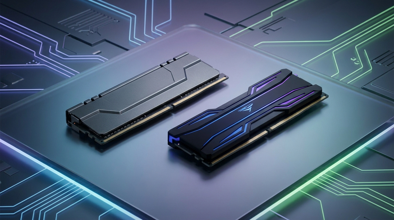 Deux barrettes de mémoire vive RAM posées sur un fond technologique stylisé avec des circuits imprimés.