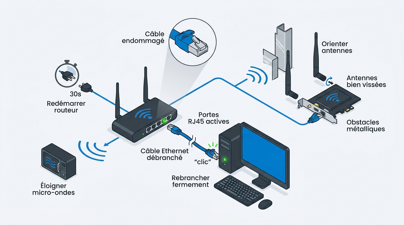 Technicien vérifiant les branchements Ethernet et Wi-Fi sur un routeur