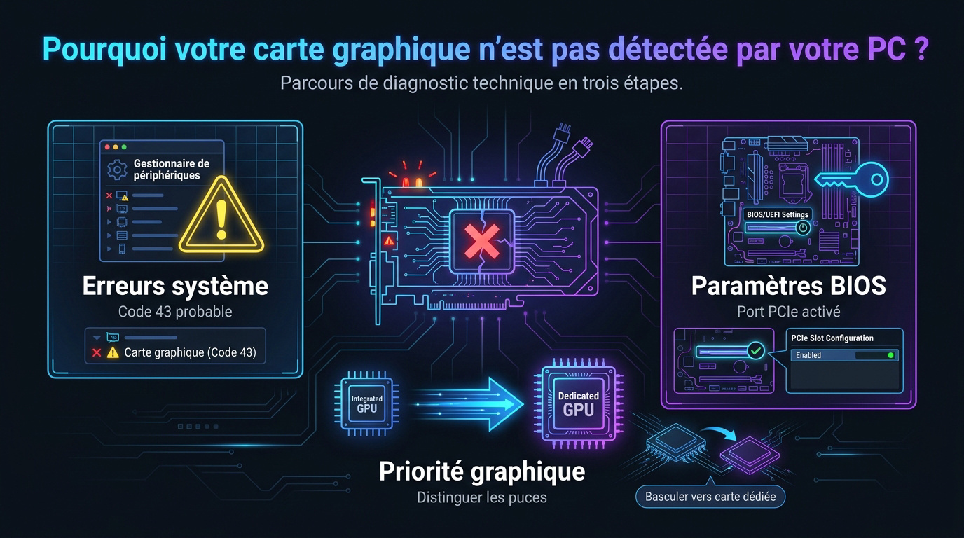 Schéma de diagnostic pour une carte graphique non détectée en trois étapes