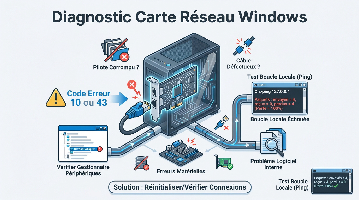Diagnostic carte réseau Windows via gestionnaire de périphériques