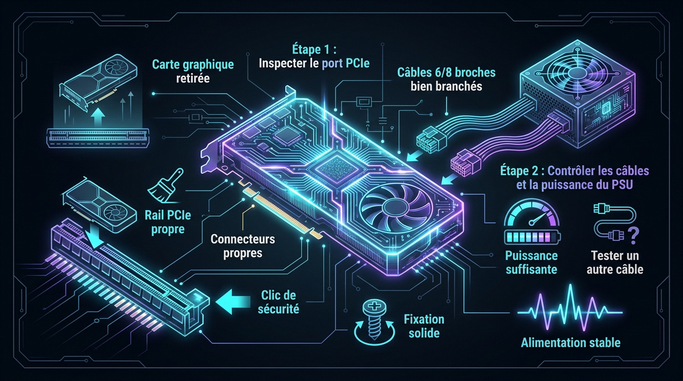 Schéma technique montrant le branchement des câbles d'alimentation sur une carte graphique de PC