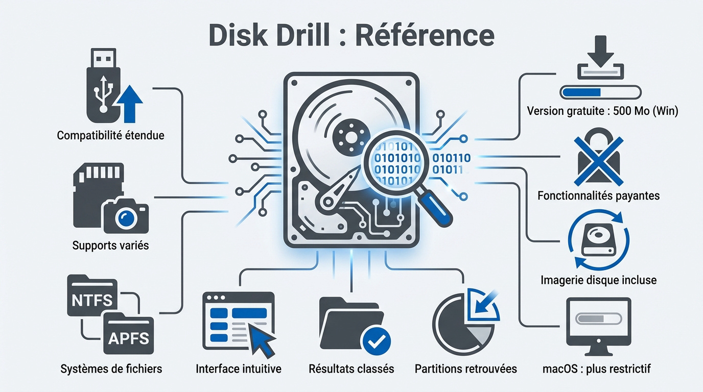 Infographie présentant les capacités de récupération de données de Disk Drill sur différents supports