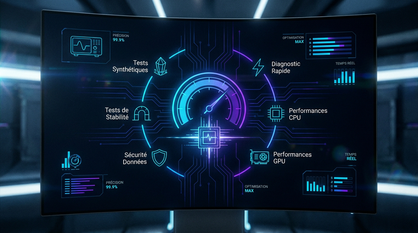 Interface de diagnostic PC futuriste affichant des graphiques de performance système