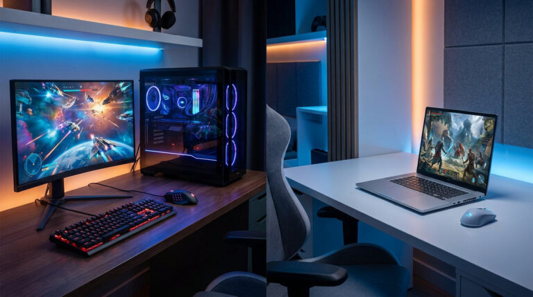 Comparaison entre un setup PC fixe avec tour gaming rétroéclairée et un poste de travail avec PC portable.