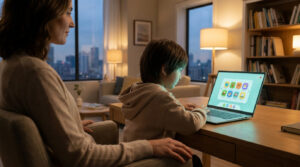 Une mère accompagne son fils qui utilise un ordinateur avec une interface de contrôle parental ludique.