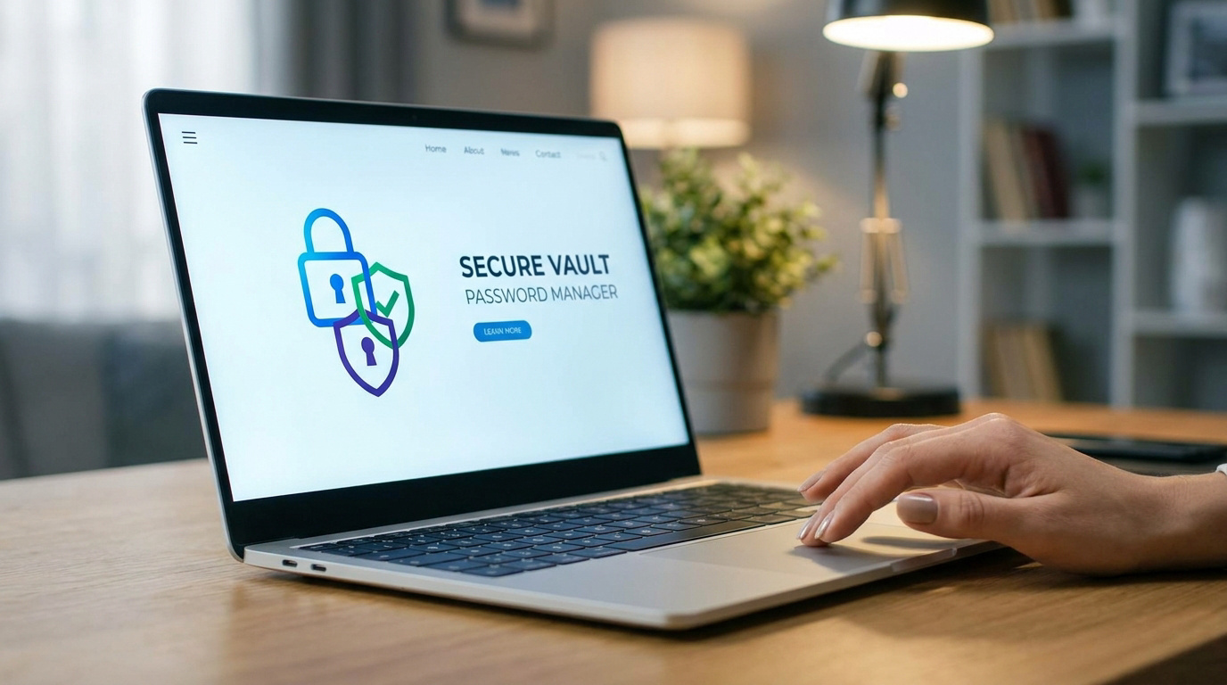 Un ordinateur portable ouvert affichant le site web Secure Vault sur un bureau avec une main utilisant le pavé tactile.