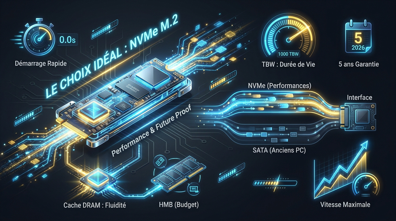 Comparatif des formats de SSD internes NVMe M.2 et SATA pour PC en 2026