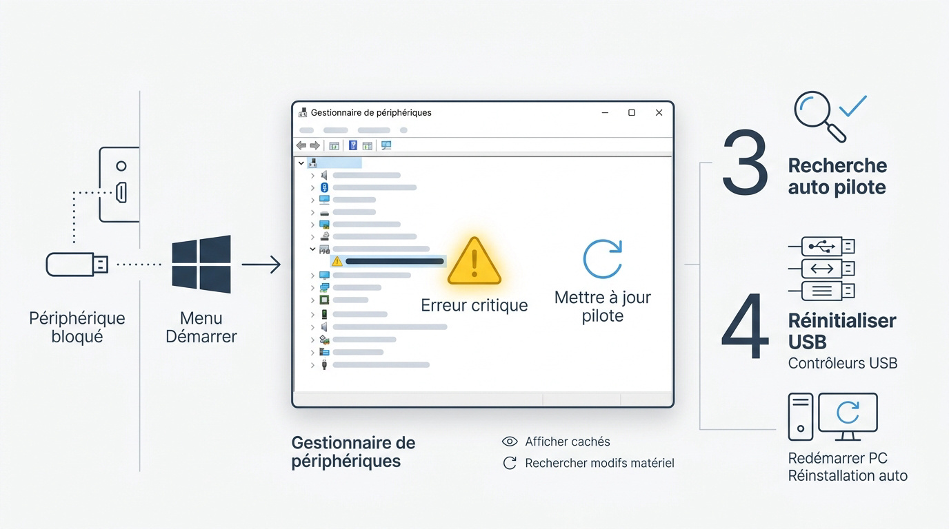 Interface du gestionnaire de périphériques Windows affichant les pilotes USB