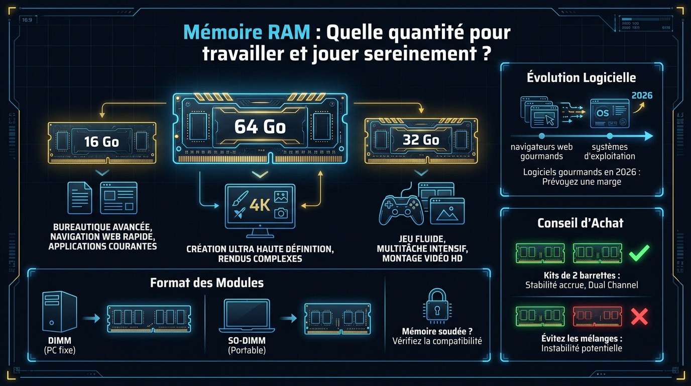 Tableau comparatif des capacités de mémoire RAM pour le jeu et le travail en 2026