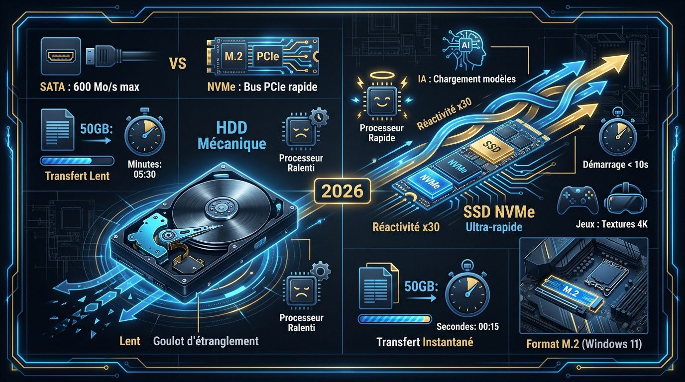 Comparaison vitesse disque dur HDD et SSD NVMe en 2026