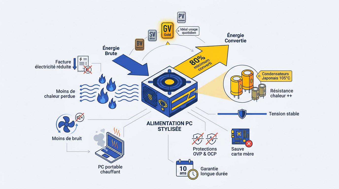 Schéma technique d'une alimentation PC moderne avec composants internes