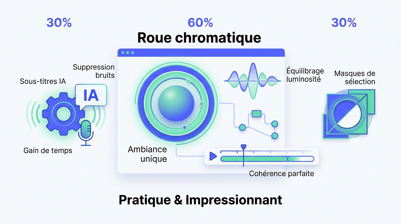 Infographie sur l'usage de l'intelligence artificielle et de l'étalonnage dans DaVinci Resolve