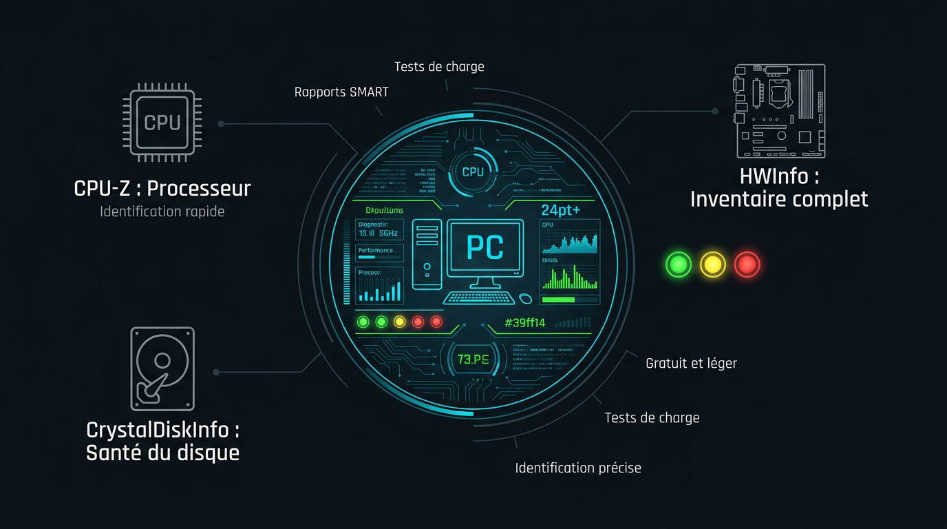 Infographie présentant les meilleurs logiciels de diagnostic PC gratuits pour tester le matériel informatique