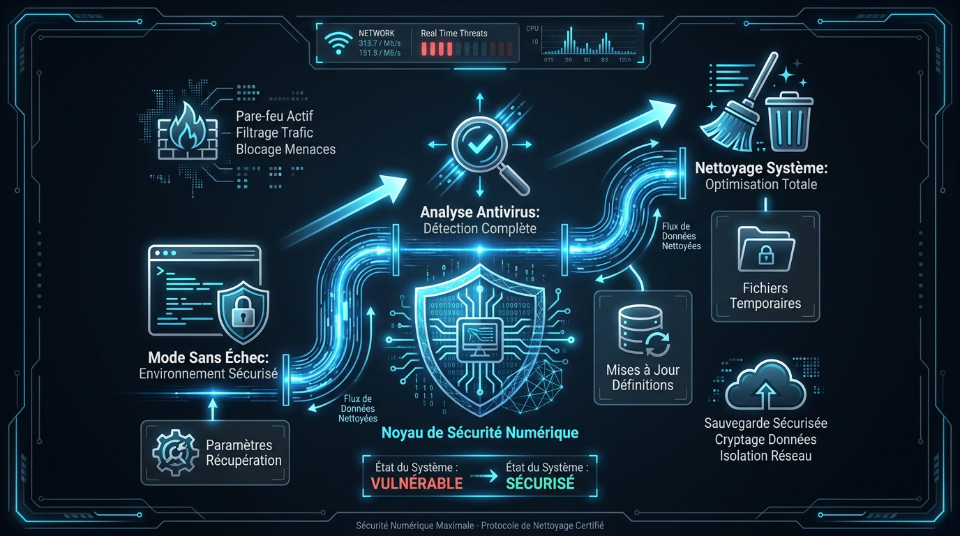 Infographie sur les étapes de nettoyage et de sécurisation d'un PC après une infection