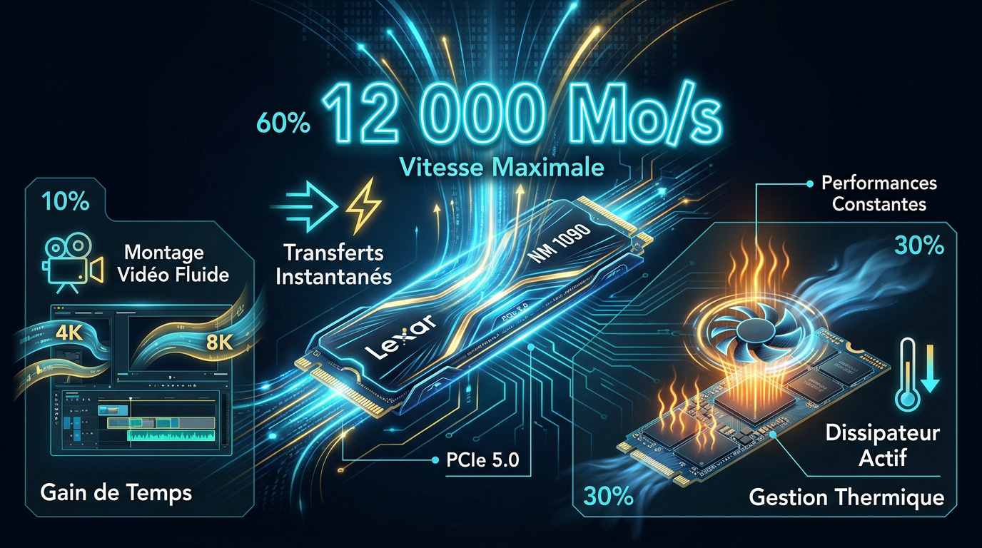 SSD Lexar NM 1090 avec son dissipateur thermique actif et ventilateur RGB