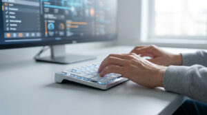 Mains tapant sur un clavier d'ordinateur moderne avec un écran affichant une interface logicielle en arrière-plan.
