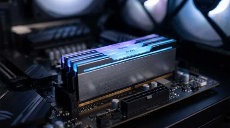 Barrettes de mémoire vive DDR5 avec éclairage LED RVB installées sur une carte mère d'ordinateur.