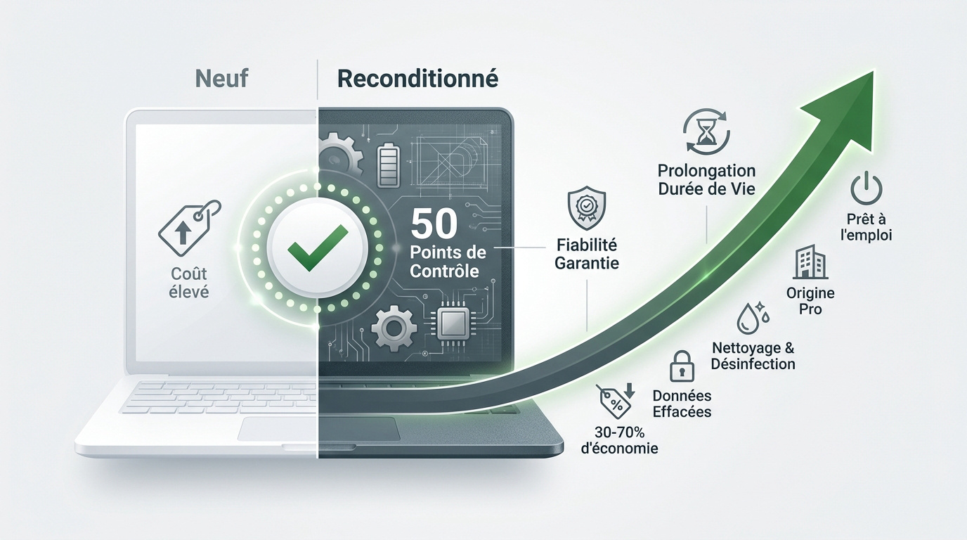 Comparaison entre un ordinateur portable neuf et un modèle reconditionné mettant en avant l'économie et la fiabilité technique