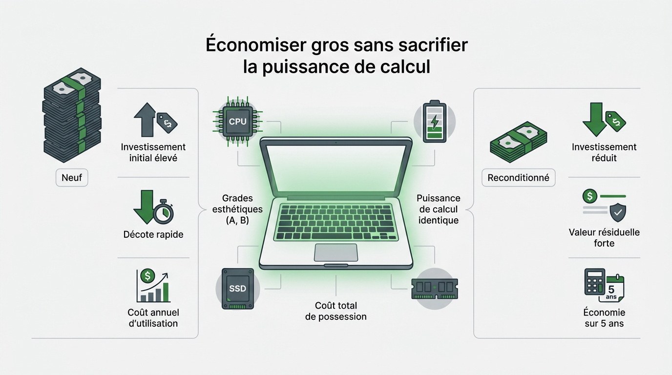 Comparaison entre un ordinateur portable neuf et un modèle reconditionné mettant en avant les économies réalisées