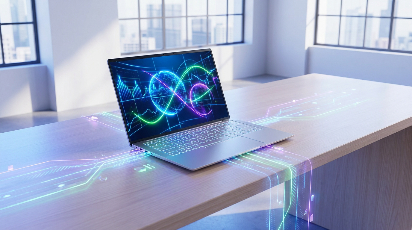 Un ordinateur portable moderne sur un bureau avec des graphiques numériques néon symbolisant la performance informatique.