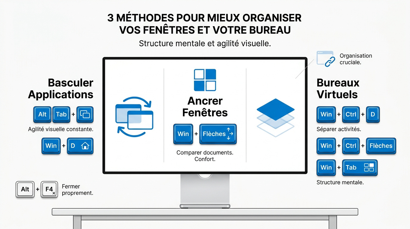 Utilisation des raccourcis clavier pour organiser les fenêtres sur Windows