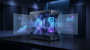 Un boîtier PC haute performance affichant des données de benchmark et des graphiques holographiques en néon bleu et violet.