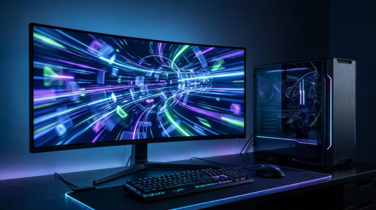 Setup PC gaming avec un écran incurvé affichant un effet de vitesse, clavier et tour éclairés par des néons.