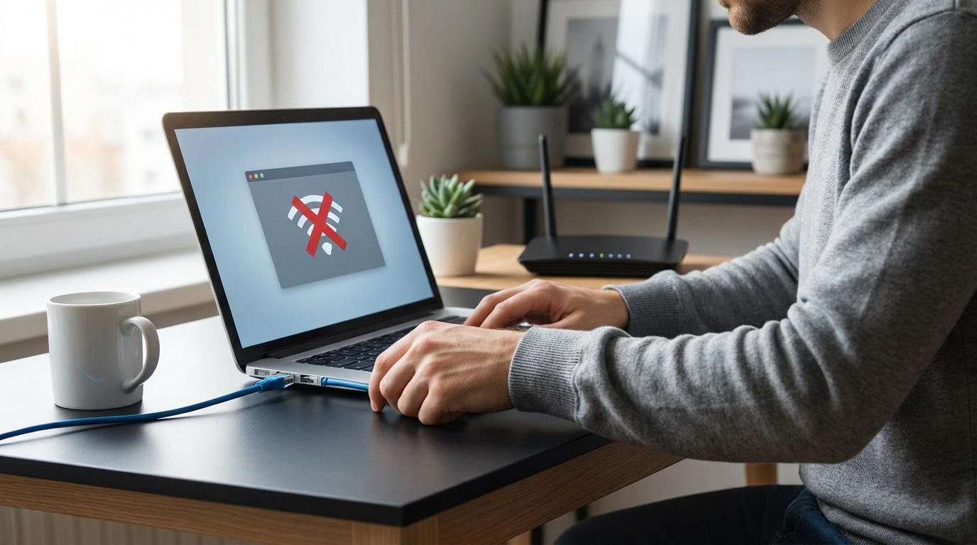 Homme travaillant sur un ordinateur portable affichant une icône de Wi-Fi barrée, malgré un câble réseau branché.