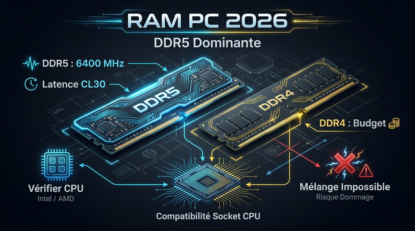 Comparaison visuelle entre barrettes de RAM DDR4 et DDR5 montrant le détrompeur
