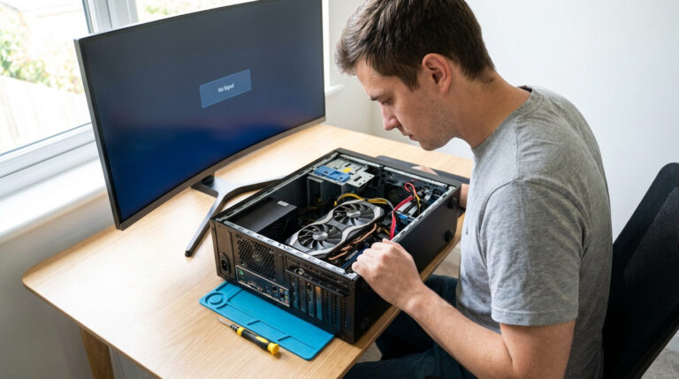 Un homme examine l'intérieur d'un PC ouvert alors que le moniteur affiche un message d'erreur « No Signal ».