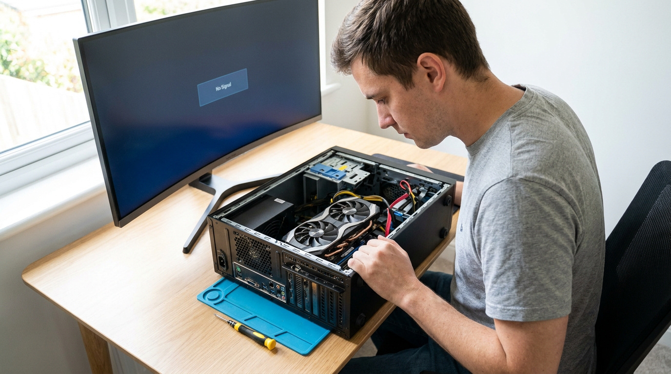 Un homme examine l'intérieur d'un PC ouvert alors que le moniteur affiche un message d'erreur « No Signal ».