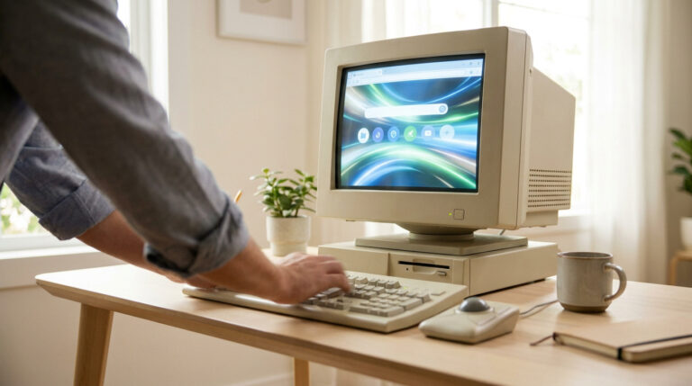 Une personne utilise un vieil ordinateur à écran cathodique affichant une interface de navigateur moderne.