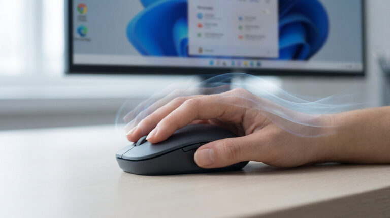 Une main utilise une souris d'ordinateur grise avec un effet visuel de flou et de traînées suggérant des saccades.