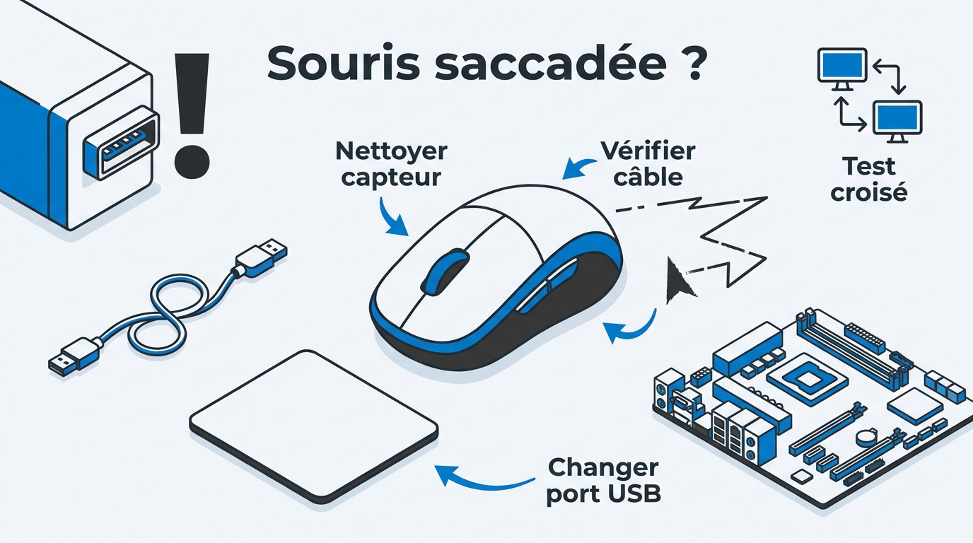 Diagnostic d'une souris qui saccade sur un bureau informatique