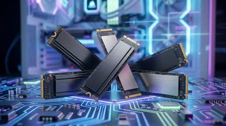 Plusieurs SSD NVMe modernes empilés sur une carte mère avec un éclairage gaming RGB en arrière-plan.