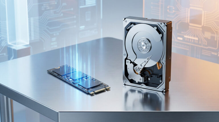 Un SSD M.2 émettant une lumière bleue à côté d'un disque dur HDD ouvert sur une table métallique.