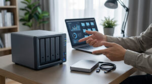 Une personne compare un serveur NAS et un disque dur externe posés sur un bureau près d'un ordinateur portable.