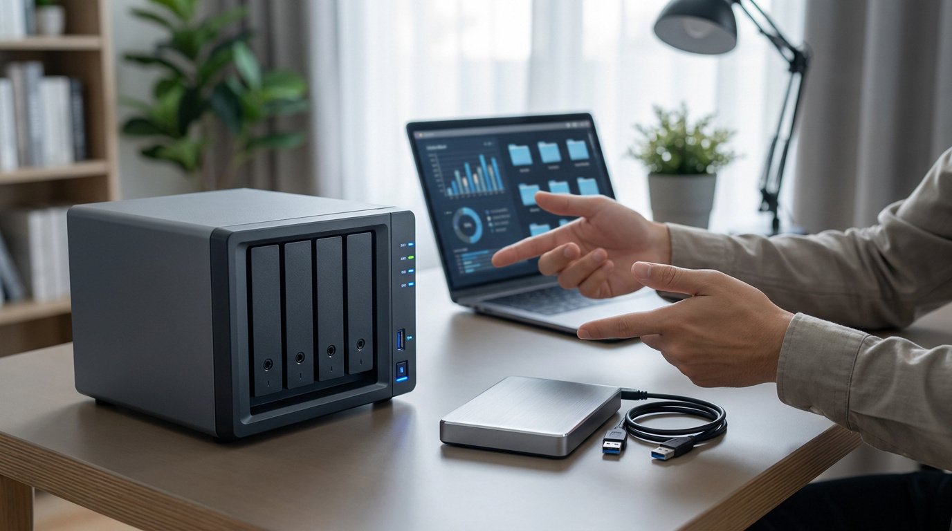 Une personne compare un serveur NAS et un disque dur externe posés sur un bureau près d'un ordinateur portable.