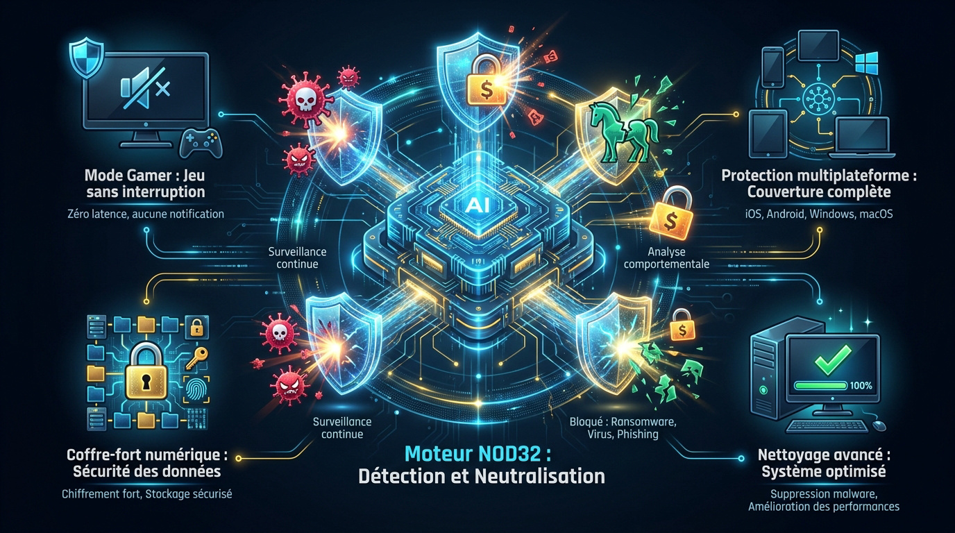 Interface de protection du moteur ESET NOD32 analysant des scripts sur Windows
